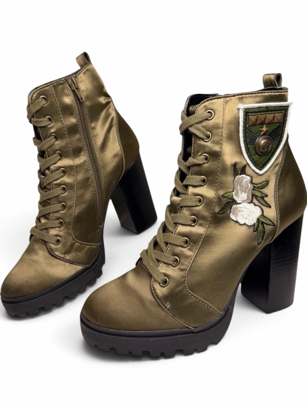 Steve Madden Laurie Satin Floral Platform Ankle Boots Olive 8M